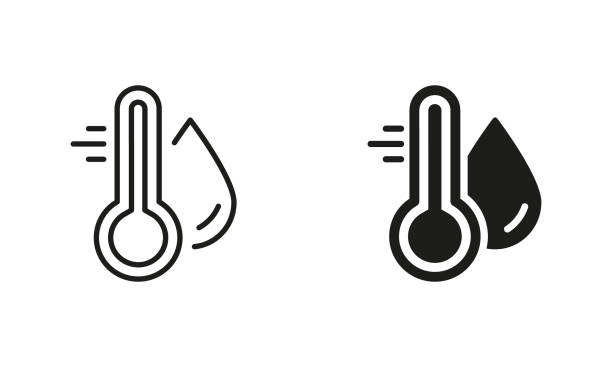 ilustrații de stoc cu indicator de temperatură a apei siluetă și set de pictograme de linie. termometru cu mercur și pictogramă neagră picătură de apă. colectarea semnelor la nivel de temperatură și umiditate. ilustrație vectorială izolată - humidity