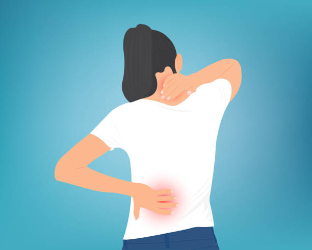 ilustraciones, imágenes clip art, dibujos animados e iconos de stock de mujer joven de pelo largo con dolor de espalda - dolor de espalda