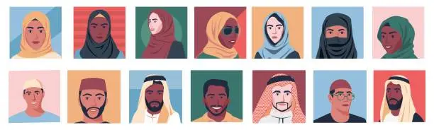 Vector illustration of Middle eastern people avatars. Man and woman portraits for user profiles, cartoon arabian male and female characters diverse race concept. Vector set