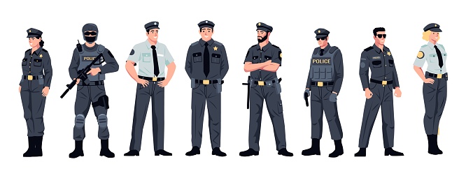 Police officers. Cartoon policeman policewoman characters, flat cops team in uniform, guard and security enforcement concept. Vector isolated set of officer character policewoman illustration