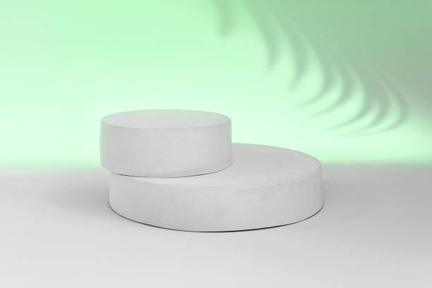 istock Podium for Cosmetics, Soap, Items Presentation. Abstract Minimal Geometric Sphere. Cylinder Two Forms Soft Shadow. Scene to Show Product, Object, Showcase Display Case. Palm Leaf, Green Color Ad Stand 1481377441