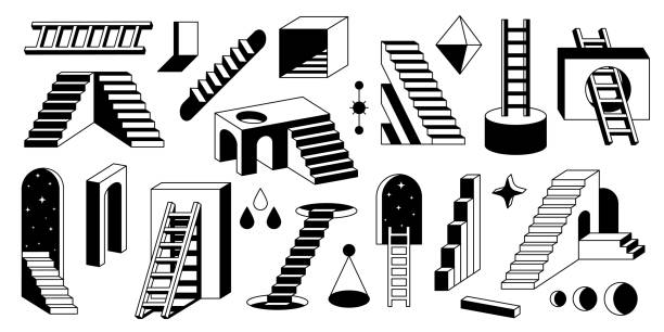 ilustraciones, imágenes clip art, dibujos animados e iconos de stock de escaleras surrealistas. elementos geométricos abstractos de escaleras modernas, escaleras monocromáticas retro negras con formas geométricas. conjunto vectorial aislado - black ladder white staircase