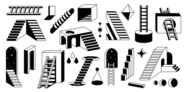 Surreal ladders. Abstract geometric elements of modern stairs, retro black monochrome stairs with geometric shapes. Vector isolated set of geometric ladder and stairs illustration