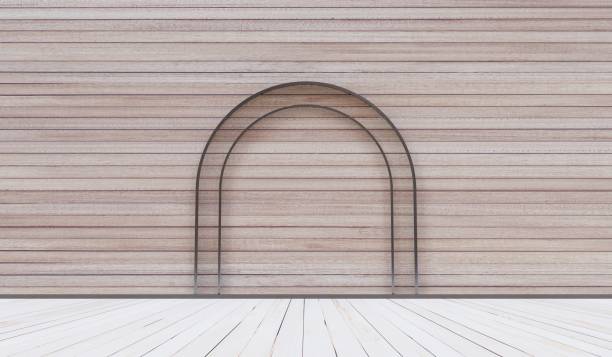 istock Scene stage slatted wall  backdrop old wood grain floor 3d illustration 1481379173