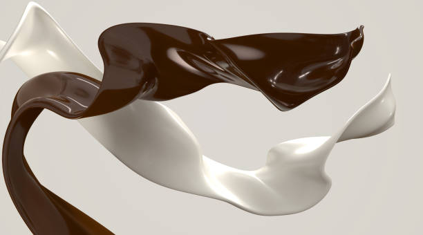 milk and chocolate streams, pouring wave lines white and brown swirl liquids isolated on background 3d render. dynamic splashes of hot coffee and cream flow mixed for promo ad design - dairy farm liquid food and drink splashing imagens e fotografias de stock