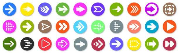 Vector illustration of Set colored arrow button icons. Collection different arrows sign. Set different cursor arrow direction symbols in circle flat style with shadows - vector