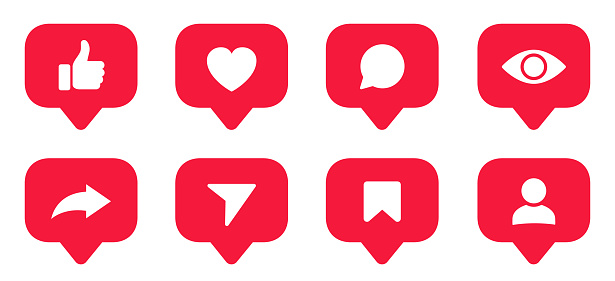 Set social media notification functional icons like, user, friend, heart, thumb up, repost, views, comment, share, save, send message, stories user button sign in speech bubble - stock vector