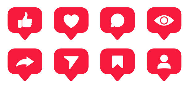 Set social media notification functional icons like, user, friend, heart, thumb up, repost, views, comment, share, save, send message, stories user button sign in speech bubble - stock vector vector art illustration
