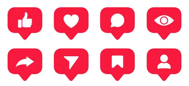 Vector illustration of Set social media notification functional icons like, user, friend, heart, thumb up, repost, views, comment, share, save, send message, stories user button sign in speech bubble - stock vector