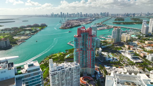 View from above of american southern architecture of Miami Beach. South Beach high luxurious hotels and apartment buildings. Tourist infrastructure in southern Florida, USA
