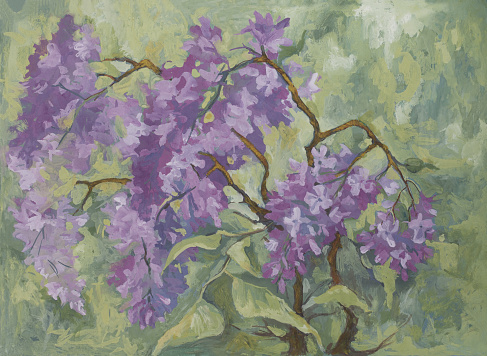 Artistic illustration allegory of spring oil painting impressionism horizontal landscape flowering bush of lilac on the background of trees and bushes