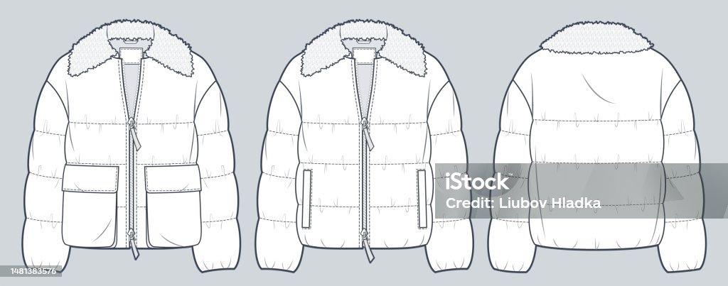 Jacket Plan View Down Jacket With Fur Collar Technical Fashion Illustration Puffer ...