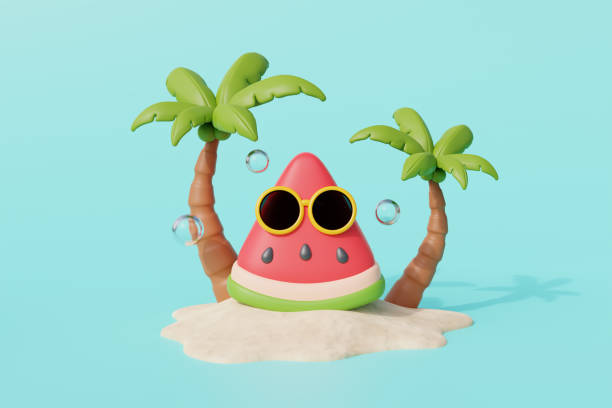 istock 3d Watermelon wearing sunglasses with coconut tree, Summer tropical beach on a sunny day. Summer vacation. 3d rendering. 1481383630