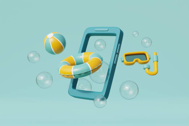 istock 3d Smartphone with summer elements, beach ball and snorkel. Summer vacation. 3d rendering. 1481384319