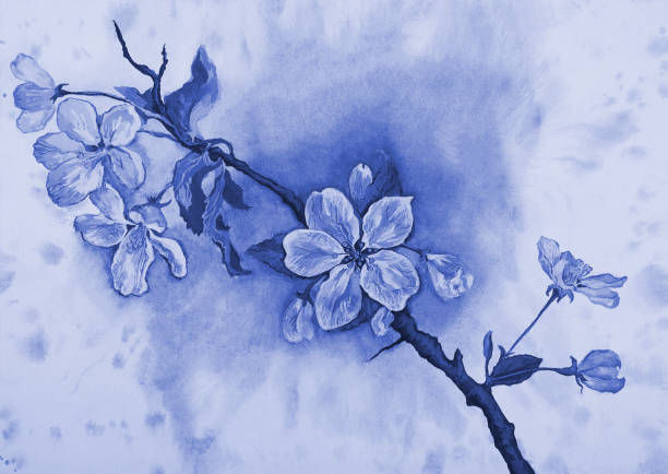 istock illustration watercolor landscape flowering apple tree branch in blue 1481384760