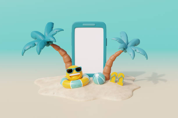istock 3d Summer tropical sand beach on a sunny day with Smartphone, coconut trees and summer elements. 3d rendering. 1481384856