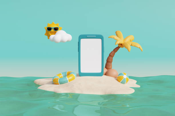 istock 3d Summer tropical sand beach on a sunny day with Smartphone, coconut trees and summer elements. 3d rendering. 1481385500