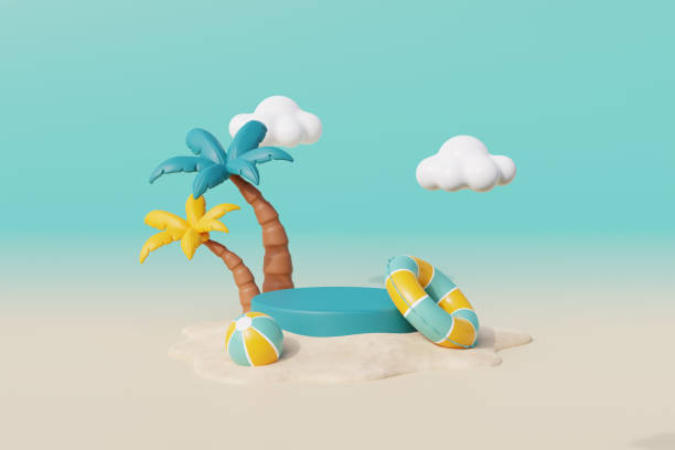istock 3d Summer tropical sand beach on a sunny day with coconut tree and summer elements. 3d rendering. 1481385529