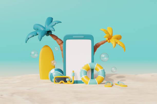istock 3d Summer tropical sand beach on a sunny day with Smartphone, coconut trees and summer elements. 3d rendering. 1481385552