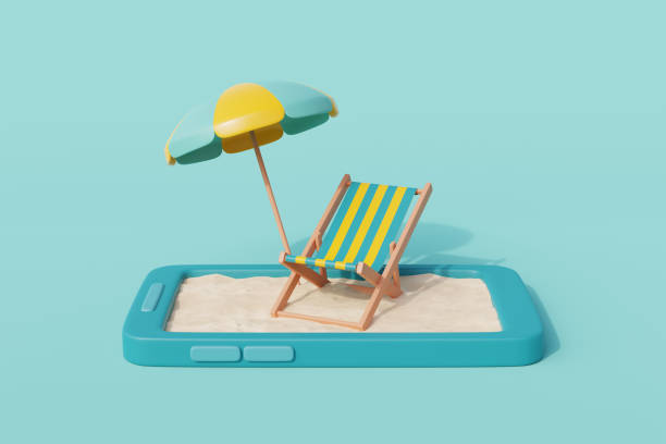 istock 3d summer beach on Smartphone with Beach chair, umbrella and summer elements. Summer vacation. 3d rendering. 1481385840