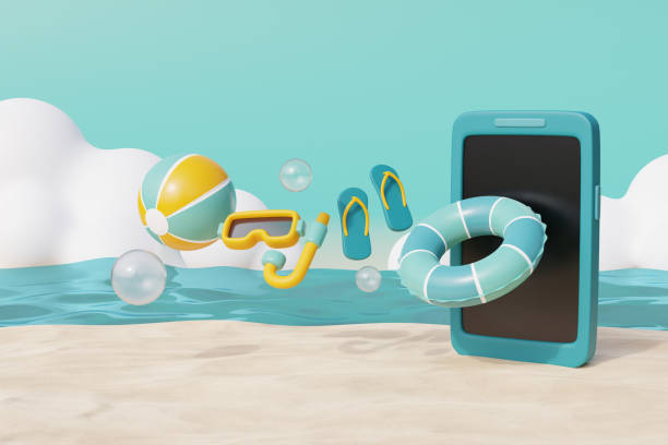 istock 3d Smartphone with summer elements, beach ball and snorkel. Summer vacation. 3d rendering. 1481385857