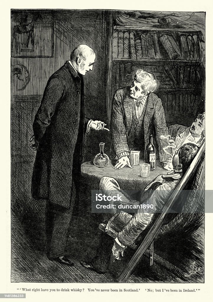 Group of men arguing over drinking whiskey, Victorian 1880s, 19th Century Vintage illustration Group of men arguing over drinking whiskey, Victorian 1880s, 19th Century.  What right have you to drink whisky ? You've never been in Scotland.  No but I've been in Ireland. 1880-1889 stock illustration