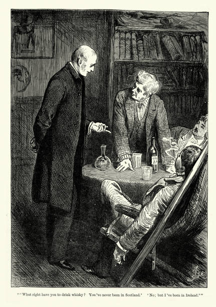 Group of men arguing over drinking whiskey, Victorian 1880s, 19th Century vector art illustration