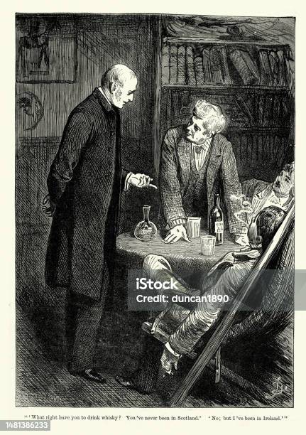 Group Of Men Arguing Over Drinking Whiskey Victorian 1880s 19th Century Stock Illustration - Download Image Now