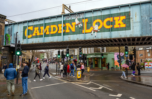 Camden Town, London, UK: Railway bridge over Camden High Street near Camden Market. This bridge is close to Camden Lock on Regents Canal.
