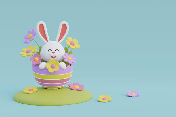 istock Happy Easter day. Colorful easter eggs with flower and cute bunny. International Spring Celebration. 3d rendering. 1481387048