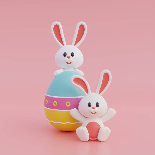 istock Cute cartoon bunny and easter eggs isolated on pink background. Happy Easter day. International Spring Celebration. 3d rendering. 1481387059