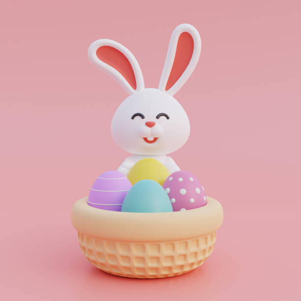 istock Cute cartoon bunny and easter eggs isolated on pink background. Happy Easter day. International Spring Celebration. 3d rendering. 1481387181