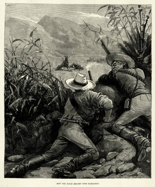Vintage illustration Two hunters shooting antelope in the Transvaal, How Boers become good marksmen, 1880s, 19th Century