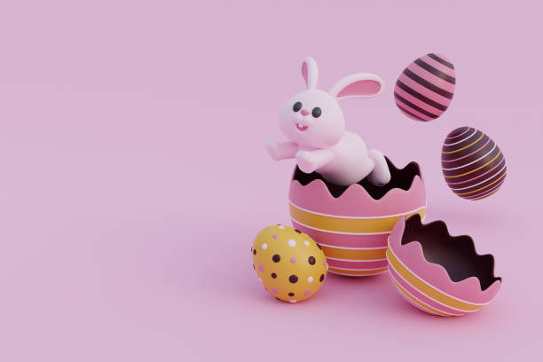 istock Happy Easter day. Cute bunny with Pink and chocolate easter eggs. International Spring Celebration. 3d rendering. 1481387354