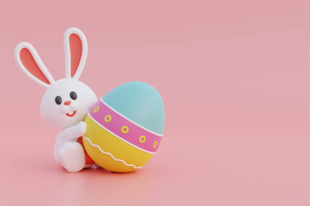 istock Cute cartoon bunny and easter eggs isolated on pink background. Happy Easter day. International Spring Celebration. 3d rendering. 1481387395