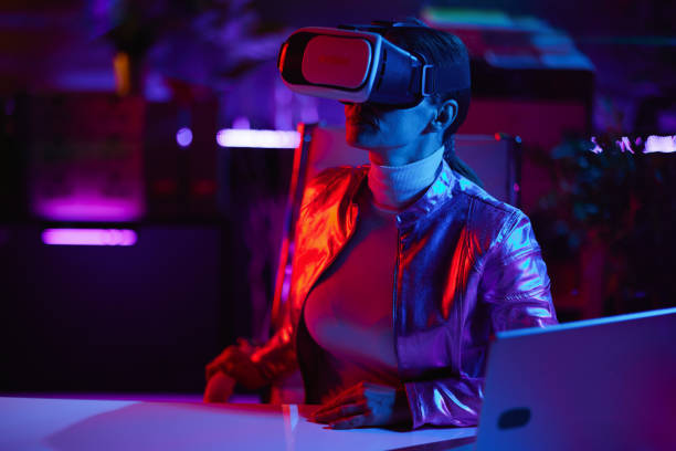 istock modern woman in virtual reality goggles in modern office 1481387472