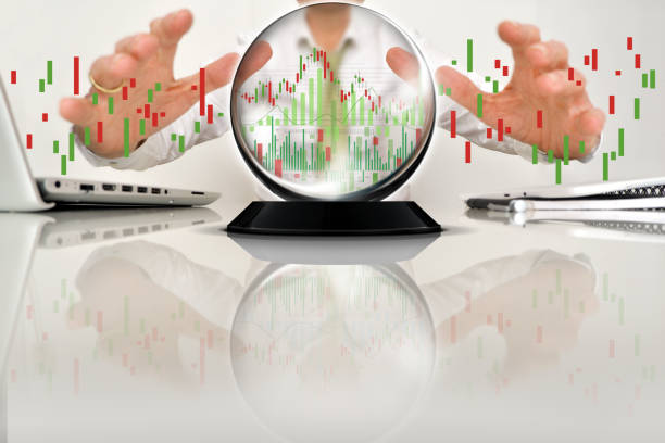 Crystal ball and businessman with chart graphs Crystal ball and businessman hands with chart graphs crystal ball stock pictures, royalty-free photos & images