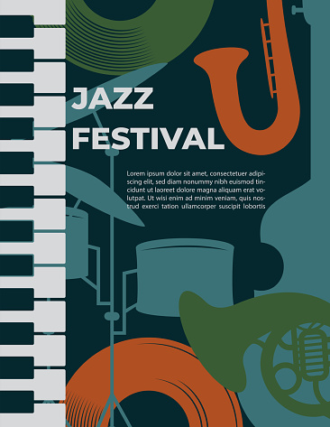 colorful design for jazz festival poster with musical instruments silhouettes and copy space