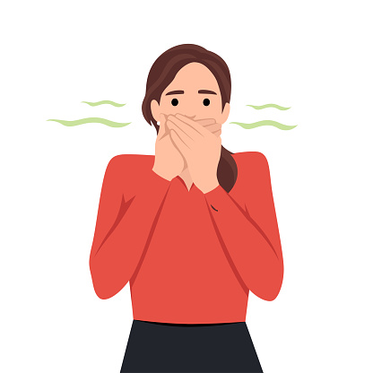 Young teenager girl pinching her nose bad stinking bad smell concept. Flat vector illustration isolated on white background