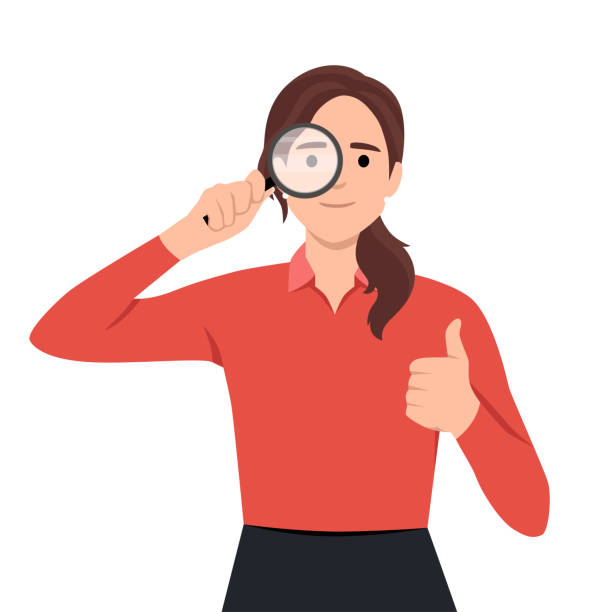 Young woman or girl holding a magnifying glass and making thumbs up gesture sign. Person showing magnifier lens. Female character design illustration. Modern lifestyle, like, good, agree concept. Young woman or girl holding a magnifying glass and making thumbs up gesture sign. Person showing magnifier lens. Female character design illustration. Modern lifestyle, like, good, agree concept. Flat vector illustration isolated on white background cartoon of a searching stock illustrations