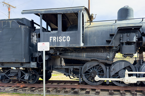 Frisco, Texas, USA - April 10, 2023. Old railway car engine, museum exhibits, visitor oriented, transport memory in Frisco.