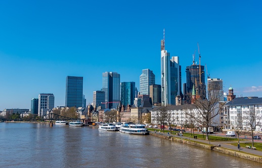 Frankfurt, Germany – April 05, 2023: The skyline of Frankfurt and the Main River. Germany.