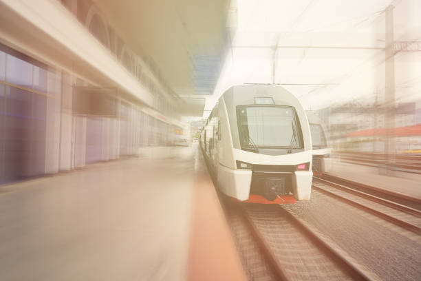 istock Fast modern electric train on the railway station, front view 1481404617