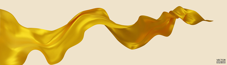 Flying yellow silk textile fabric flag background. Smooth elegant yellow Satin Isolated on beige Background for grand opening ceremony. Yellow curtain. 3d vector illustration.