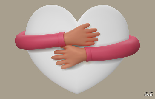 3D hands hugging a white heart with love. Cartoon Hand embracing heart with pink sleeve isolated on gray background. love yourself. Used for posters, postcards, t-shirt prints. 3D vector illustration.