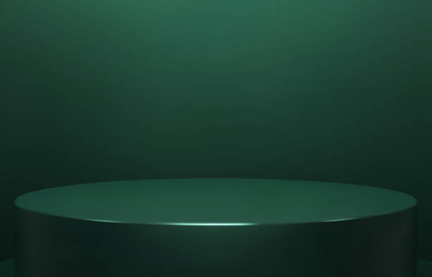 istock Shiny dark green round pedestal on studio backdrops. Green Blank display or clean room for showing product. Minimalist mockup for podium display or showcase. 3D vector illustration. 1481409728