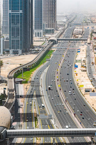 Modern skyscrapers at along E11 Sheikh Zayed Road highway, Dubai, United Arab Emirates.