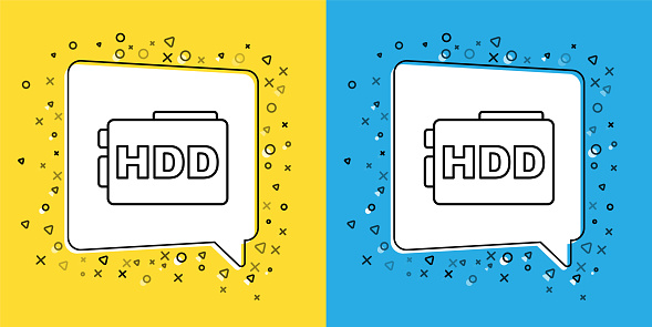 Set line Hard disk drive HDD icon isolated on yellow and blue background. Vector.