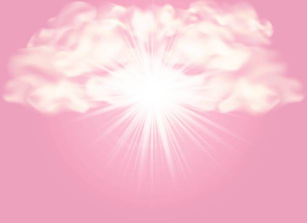 Background with rays and clouds. Pink background with clouds, sun with glowing sunbeams, flare, light and place for text. Vivid rays emanating from a central point. Vector illustration. Background with rays and clouds. Pink background with clouds, sun with glowing sunbeams, flare, light and place for text. Vivid rays emanating from a central point. Vector illustration. cirrus sunrise cloud sky stock illustrations