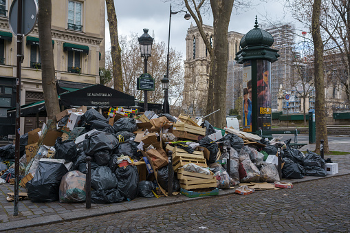 Garbage pile in Paris, France during pension reform strikes. March 24, 2023.